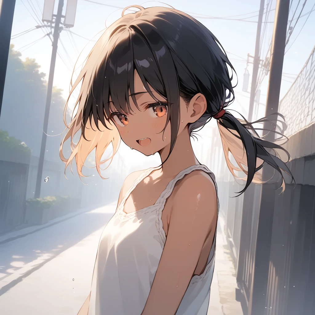 score_9, score_8_up, score_7_up, source_anime, best quality, masterpiece, official art, absurdres, highres, ultra-detailed,waifu2x,Collection: Slice of Life,break,1girl, tomboy, dark-skinned female, short hair, low ponytail, flat chest, beautiful detailed eyes, short shorts, sweat, open mouth, (yawn:0.3), sleepily, outdoors, wind,break,(clear line illustration:1.2), super detailed skin,very high resolution, very aesthetic, Best sexual lighting powered by famous artist, 8k,cute picture,beauty illustration,photoshop_(medium),,(Detailed Lighting),best anime 8k konachan wallpaper, pixiv contest winner,