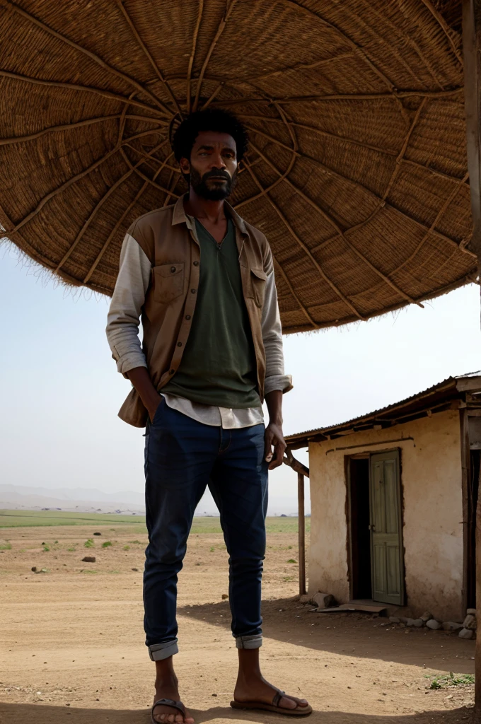 Poor people standing in his land