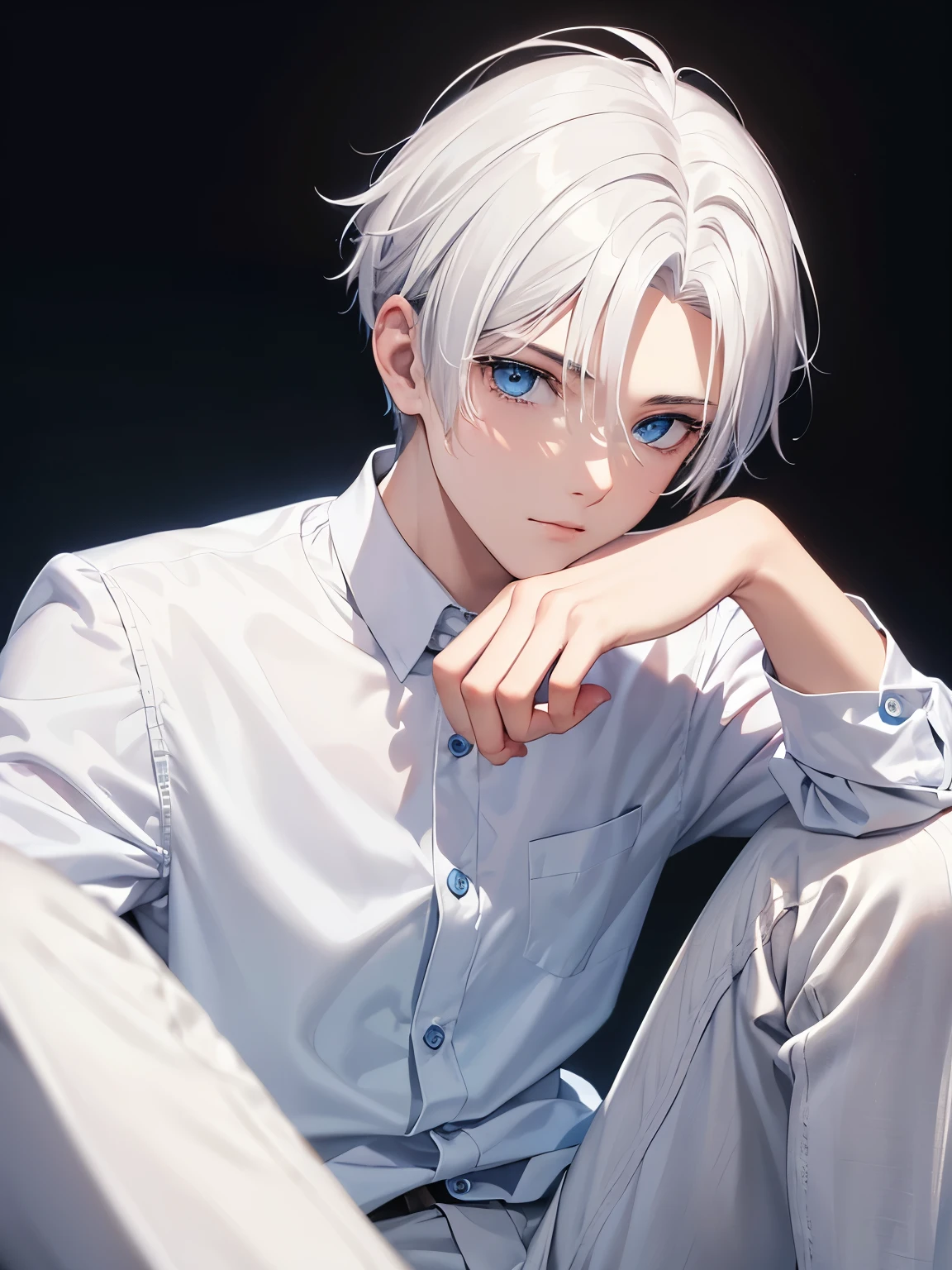 1young man,Werewolves,Sitting,18 years old,guy,undercut hair style,white hair, white shirt, white trousers,ultra detail, perfect face, hd face, detailed face, masterpiece ,blue eyes, close up photo