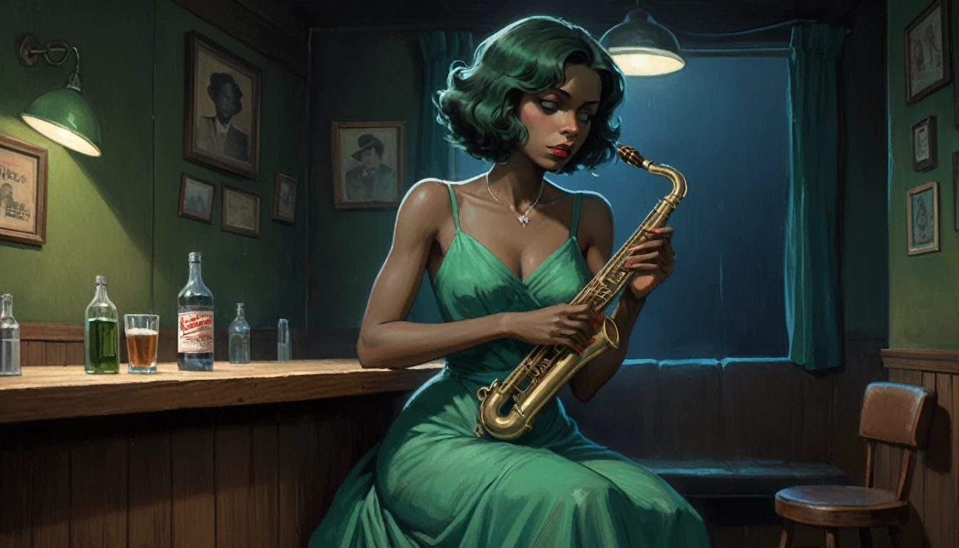 robert johnson, gritty, alabama bar, blue note, charismatic , green dress, illustration, noir fantasy, lone canadian lady, sad ending, holding saxophone