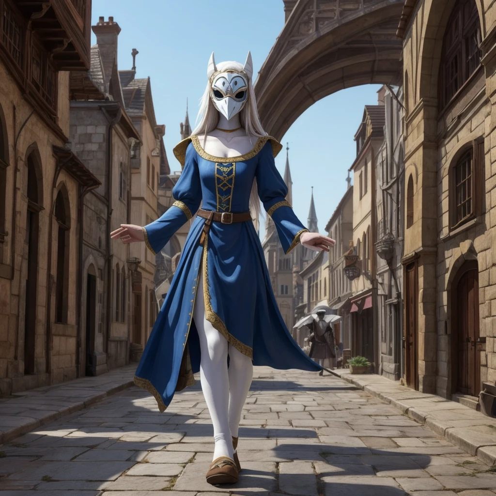 23 year old woman in a medieval style white ope cut dres with an white dove mask only covering her upper face. blue eyes. smiling. long hair. She stands on a street looking to the viewer. tabletop role play game style concept art. full body. background medieval fantasy city outskirts. the womans legs are scaly and ending in dove feet. ((bird legs.))