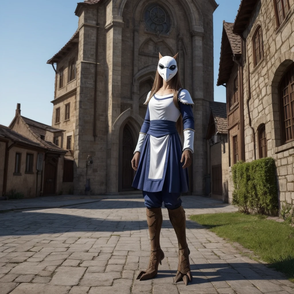23 year old woman in a medieval style white ope cut dres with an white dove mask only covering her upper face. blue eyes. smiling. long hair. She stands on a street looking to the viewer. tabletop role play game style concept art. full body. background medieval fantasy city outskirts. the womans legs are scaly and ending in dove feet. ((bird legs.))