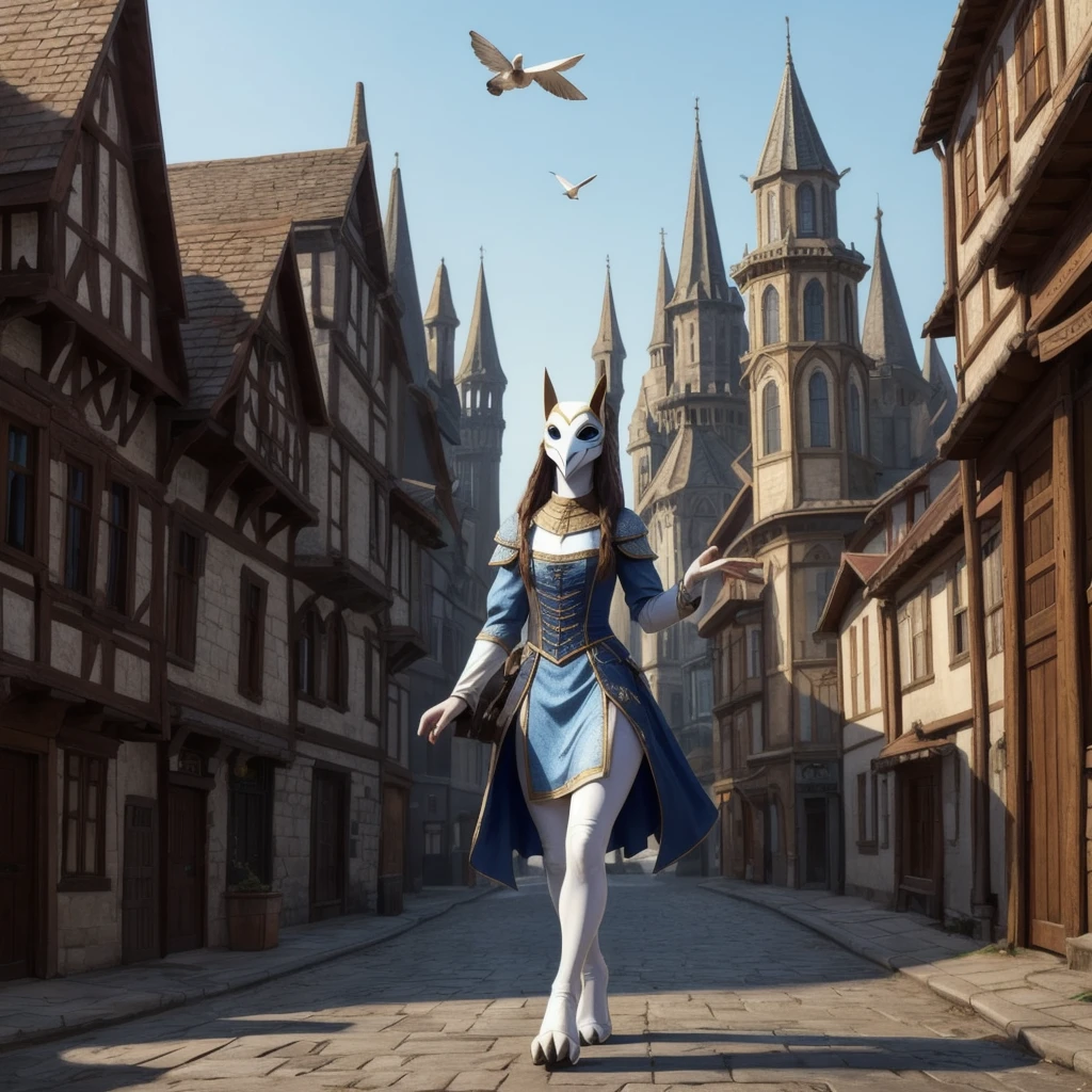 23 year old woman in a medieval style white ope cut dres with an white dove mask only covering her upper face. blue eyes. smiling. long hair. She stands on a street looking to the viewer. tabletop role play game style concept art. full body. background medieval fantasy city outskirts. the womans legs are scaly and ending in dove feet. ((bird legs.))