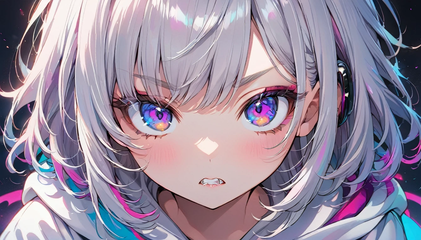 ((Masterpiece)), ((best quality)), (Anime:1.3), (super detail:1.2), (High Definition:1.3), (Professional Photography:1.3), cute young Girl, Glossy unruly hair, (loose swept bangs), (silver ash hair), medium hair, big eyes, (Eye bags:1.3), (Long eyelashes), colorful eyes, (serious), Glossy lips, (jagged teeth), ((white hoodie with oversized)), barearms, cute, (using a Balance:1.3), (colorful:1.3), gothic makeup, wearing headphones,