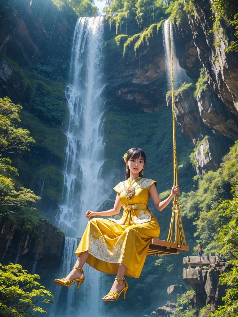 A young woman wearing a yellow and gold-white traditional Thai dress wearing white high heels sits on a giant swing decorated with colorful flowers, a waterfall, a high mountain, a modern house.