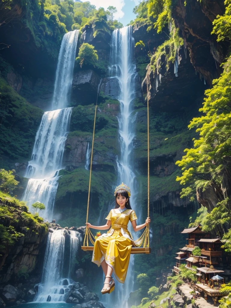 A young woman wearing a yellow and gold-white traditional Thai dress wearing white high heels sits on a giant swing decorated with colorful flowers, a waterfall, a high mountain, a modern house.