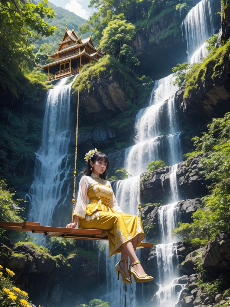 A young woman wearing a yellow and gold-white traditional Thai dress wearing white high heels sits on a giant swing decorated with colorful flowers, a waterfall, a high mountain, a modern house.