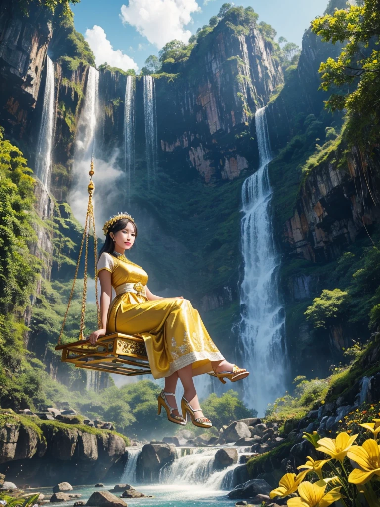 A young woman wearing a yellow and gold-white traditional Thai dress wearing white high heels sits on a giant swing decorated with colorful flowers, a waterfall, a high mountain, a modern house.