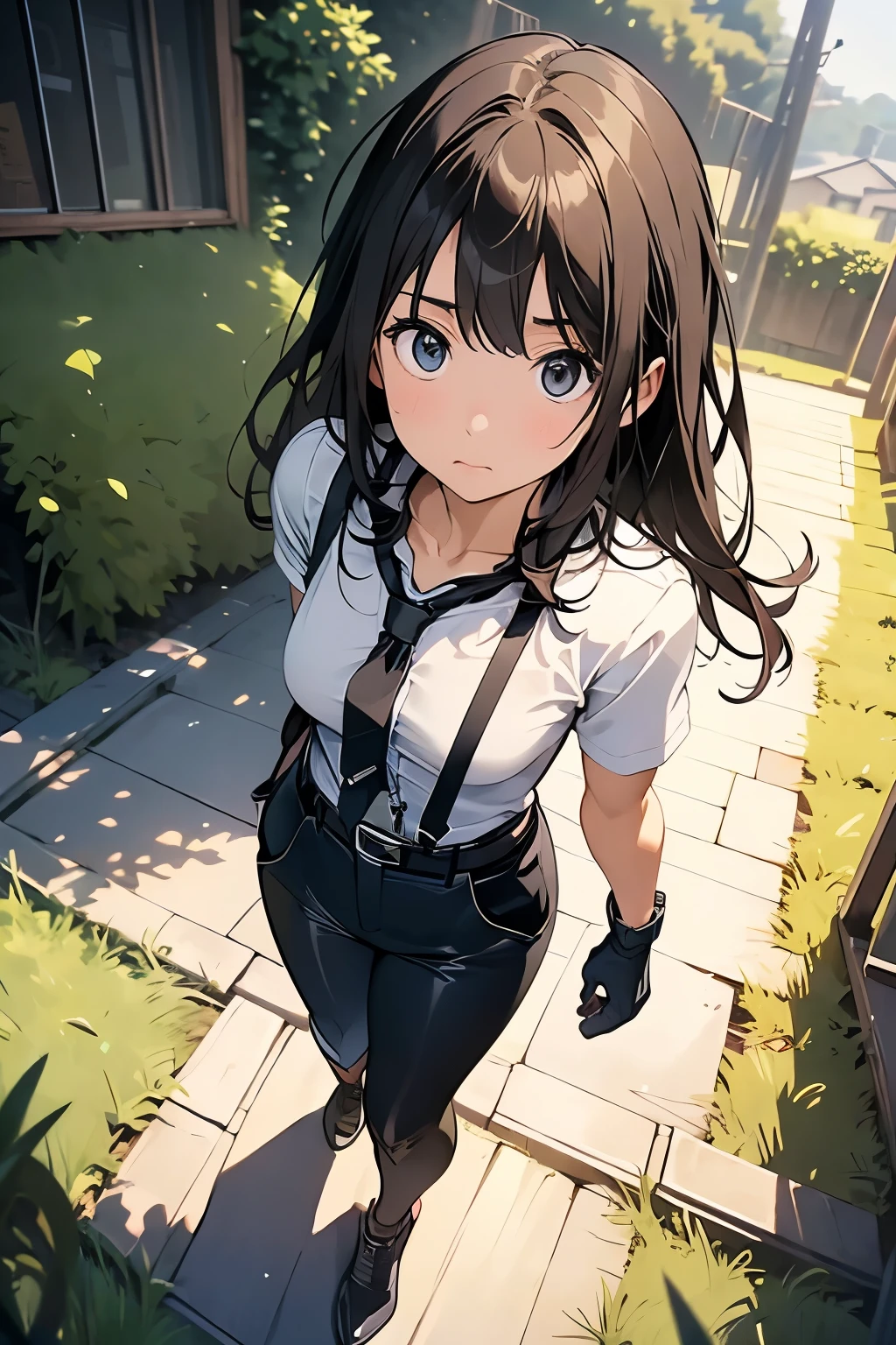 high quality, masterpiece, Ultra-high resolution, (realism: 1.4), Oil painting style, Cinema Lighting, An endless grassland dotted with a few houses, I stood on the empty asphalt road and looked at it., Fairy Mountain々was shrouded in mist, And the suspenders with the cranes flying Moderate breasts Small face holster Lying in bed Looking up Sweat belt summer 脇Sweat Black Hole Gloves suit shirt Black jacket Black trousers Leg Links ズボンにbelt holster Hands behind your back Anxious expression Looking up Anxious face