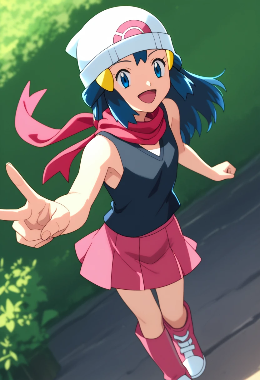 score_9, score_8_up, score_7_up, source anime, anime, animification, anime screencap, anime coloring, vivid colors, shiny skin, skindentation, deep skin, depth of field, high quality, highres, (dynamic angle,dynamic pose), dawncheerxl, 1girl, solo, long hair, looking at viewer, smile, open mouth, blue eyes,beanie, black sleeveless shirt, pink scarf, pink skirt, pink boots,outdoors, hair ornament, sky, holding, blue hair, :d, sidelocks, tongue, socks, hairclip, eyelashes , dawn \(pokemon\) BREAK masterpiece,high quality