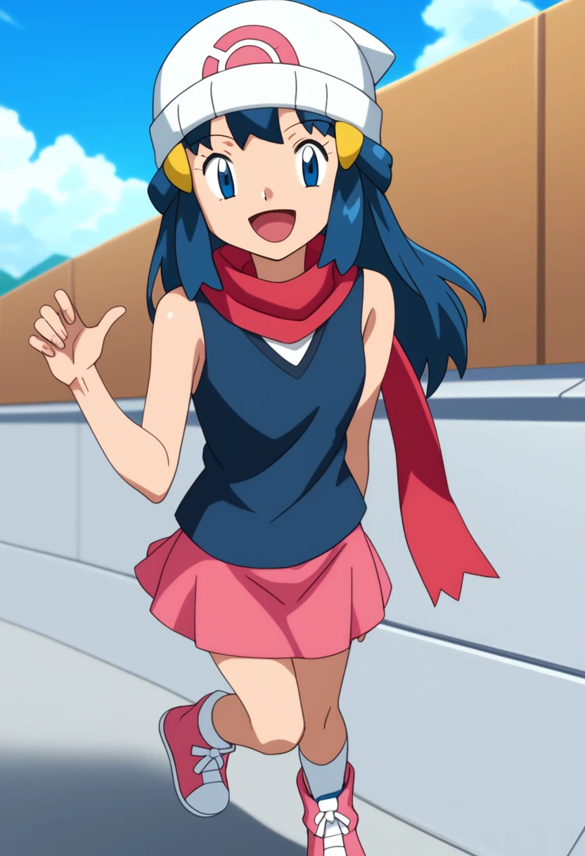score_9, score_8_up, score_7_up, source anime, anime, animification, anime screencap, anime coloring, vivid colors, shiny skin, skindentation, deep skin, depth of field, high quality, highres, (dynamic angle,dynamic pose), dawncheerxl, 1girl, solo, long hair, looking at viewer, smile, open mouth, blue eyes,beanie, black sleeveless shirt, pink scarf, pink skirt, pink boots,outdoors, hair ornament, sky, holding, blue hair, :d, sidelocks, tongue, socks, hairclip, eyelashes , dawn \(pokemon\) BREAK masterpiece,high quality
