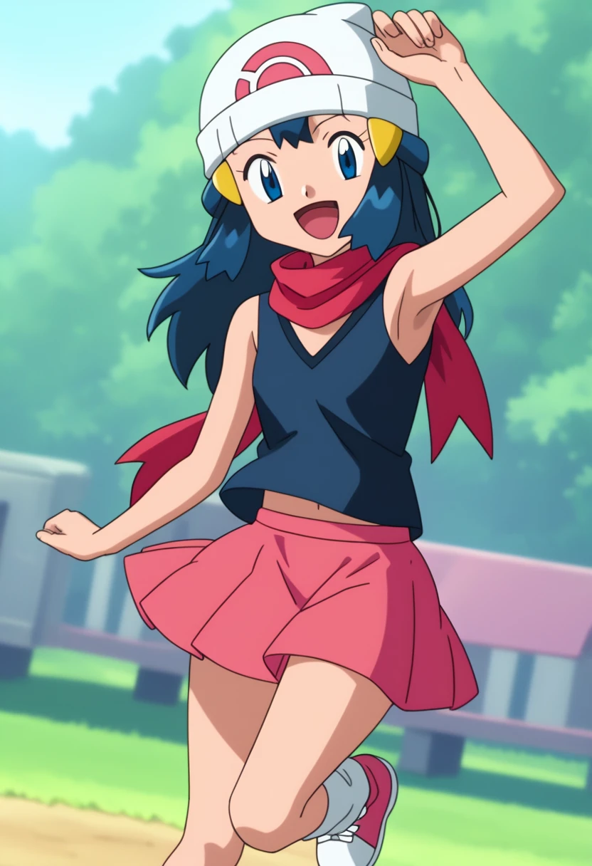score_9, score_8_up, score_7_up, source anime, anime, animification, anime screencap, anime coloring, vivid colors, shiny skin, skindentation, deep skin, depth of field, high quality, highres, (dynamic angle,dynamic pose), dawncheerxl, 1girl, solo, long hair, looking at viewer, smile, open mouth, blue eyes,beanie, black sleeveless shirt, pink scarf, pink skirt, pink boots,outdoors, hair ornament, sky, holding, blue hair, :d, sidelocks, tongue, socks, hairclip, eyelashes , dawn \(pokemon\) BREAK masterpiece,high quality