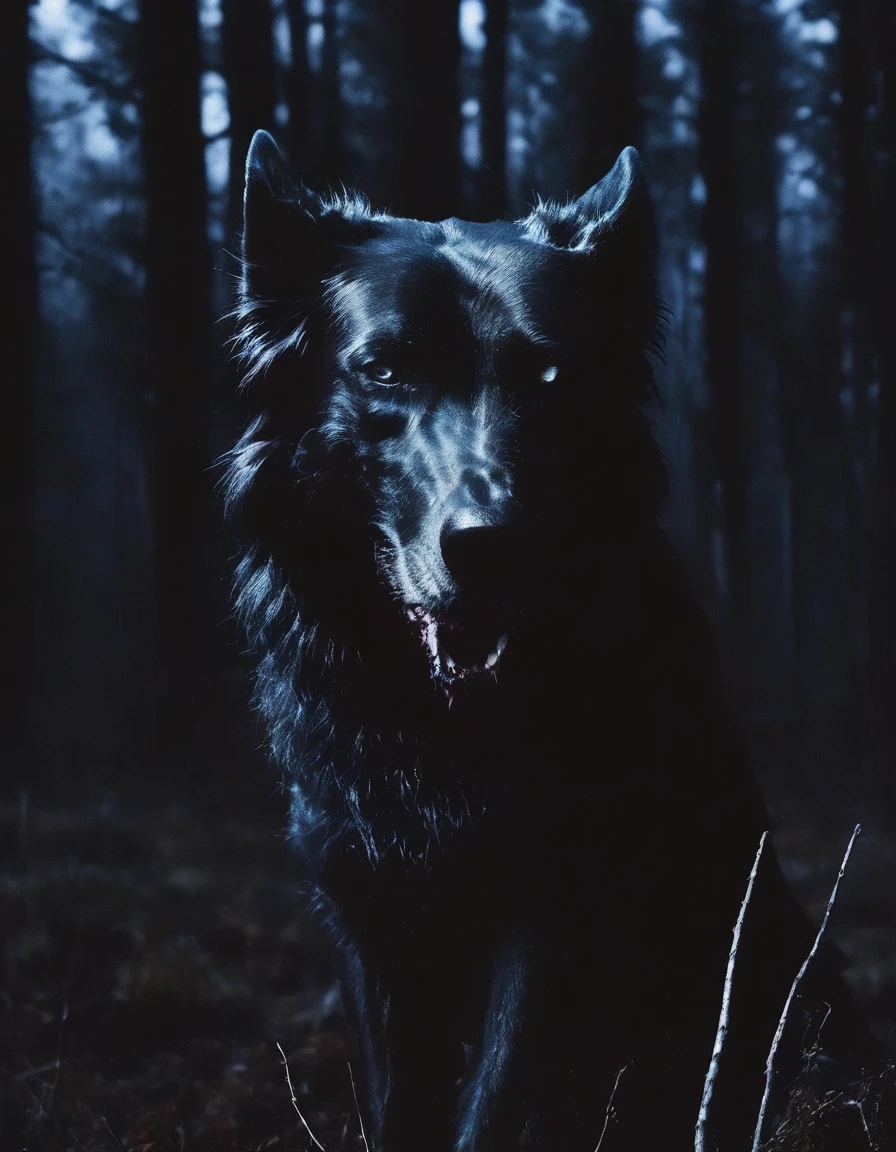 dark fashion photography of giant dog near forest in night
