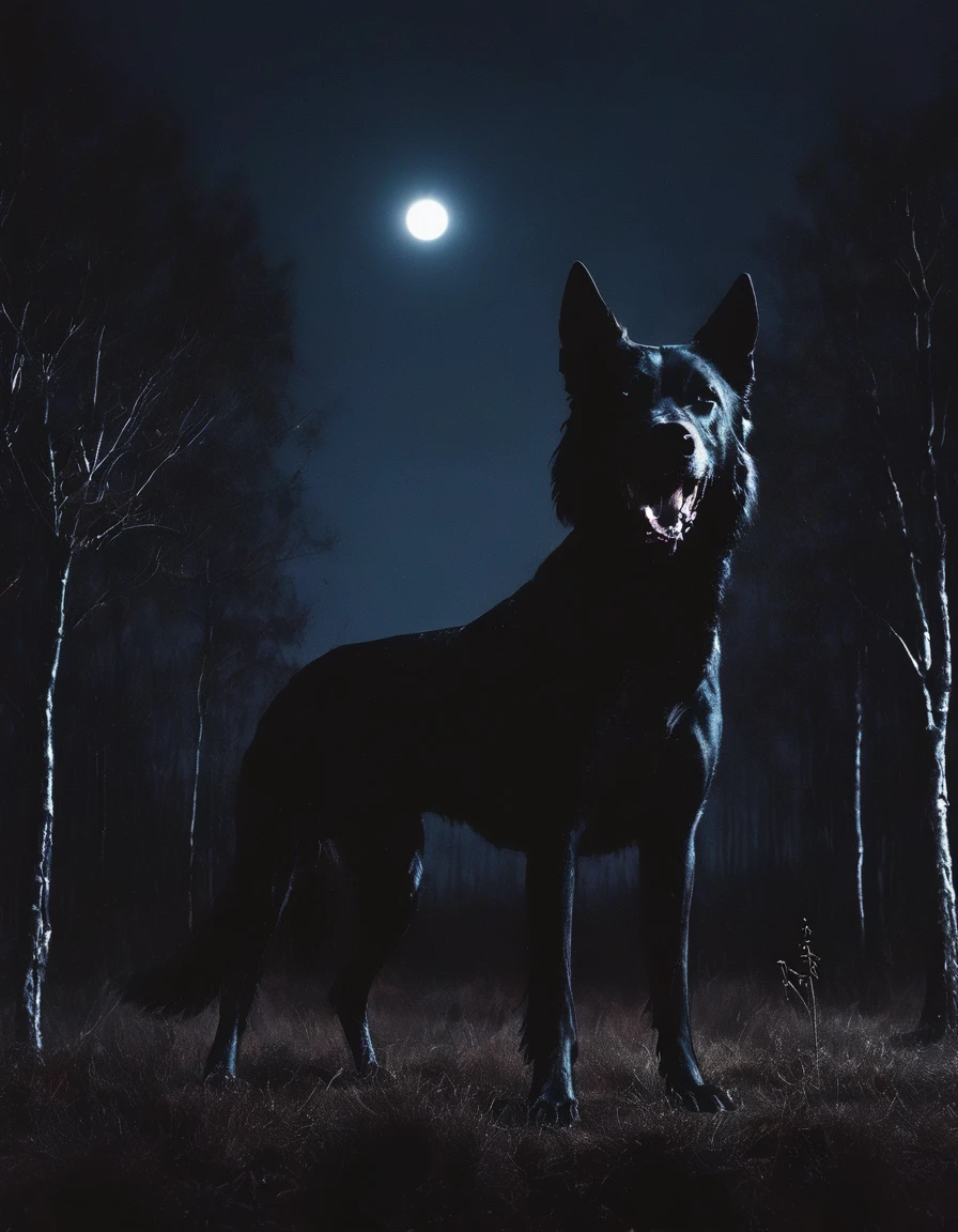 dark fashion photography of giant dog near forest in night
