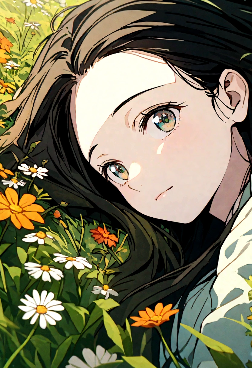 A close-up portrait of Nezuko lying in a meadow filled with wildflowers, looking into the camera. The vibrant colors of the flowers and the soft green background create a harmonious and peaceful scene. Detailed textures, vivid colors, serene atmosphere, hd quality