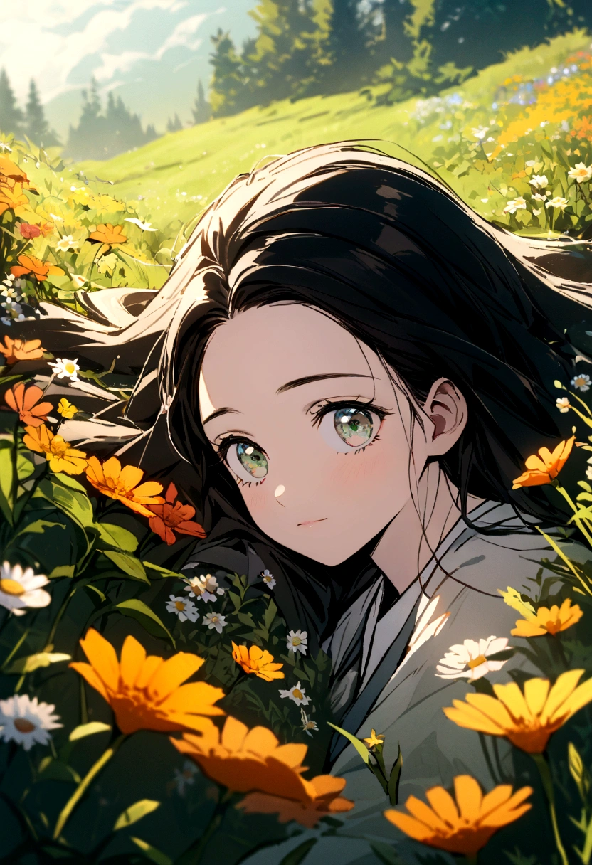 A close-up portrait of Nezuko lying in a meadow filled with wildflowers, looking into the camera. The vibrant colors of the flowers and the soft green background create a harmonious and peaceful scene. Detailed textures, vivid colors, serene atmosphere, hd quality