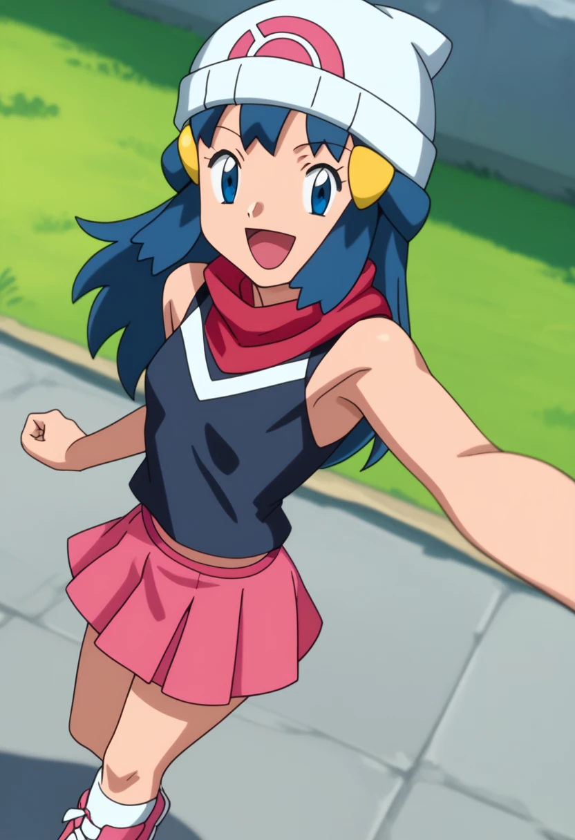 score_9, score_8_up, score_7_up, source anime, anime, animification, anime screencap, anime coloring, vivid colors, shiny skin, skindentation, deep skin, depth of field, high quality, highres, (dynamic angle,dynamic pose), dawncheerxl, 1girl, solo, long hair, looking at viewer, smile, open mouth, blue eyes,beanie, black sleeveless shirt, pink scarf, pink skirt, pink boots,outdoors, hair ornament, sky, holding, blue hair, :d, sidelocks, tongue, socks, hairclip, eyelashes , dawn \(pokemon\) BREAK masterpiece,high quality