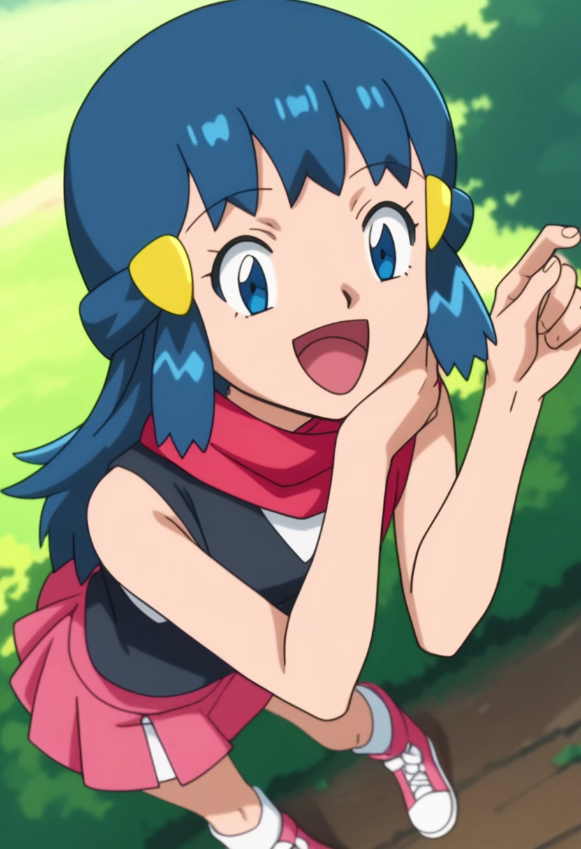 score_9, score_8_up, score_7_up, source anime, anime, animification, anime screencap, anime coloring, vivid colors, shiny skin, skindentation, deep skin, depth of field, high quality, highres, (dynamic angle,dynamic pose), dawncheerxl, 1girl, solo, long hair, looking at viewer, smile, open mouth, blue eyes,beanie, black sleeveless shirt, pink scarf, pink skirt, pink boots,outdoors, hair ornament, sky, holding, blue hair, :d, sidelocks, tongue, socks, hairclip, eyelashes , dawn \(pokemon\) BREAK masterpiece,high quality