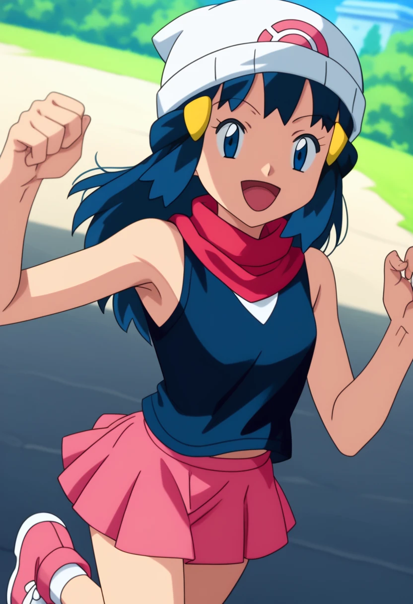 score_9, score_8_up, score_7_up, source anime, anime, animification, anime screencap, anime coloring, vivid colors, shiny skin, skindentation, deep skin, depth of field, high quality, highres, (dynamic angle,dynamic pose), dawncheerxl, 1girl, solo, long hair, looking at viewer, smile, open mouth, blue eyes,beanie, black sleeveless shirt, pink scarf, pink skirt, pink boots,outdoors, hair ornament, sky, holding, blue hair, :d, sidelocks, tongue, socks, hairclip, eyelashes , dawn \(pokemon\) BREAK masterpiece,high quality