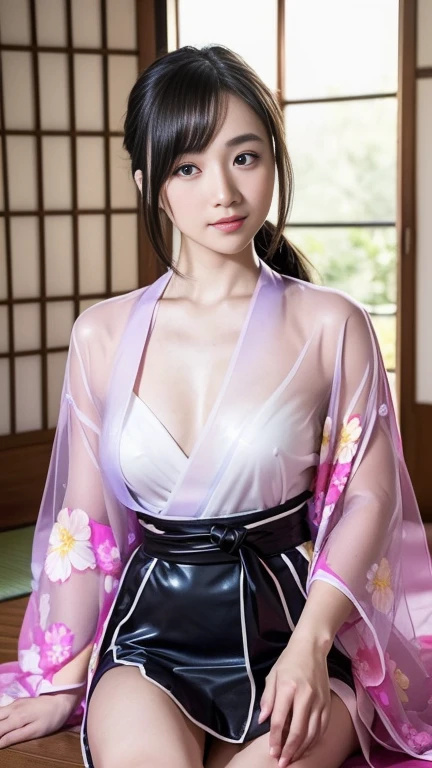 最high quality、high quality、best image quality、8K、最High resolution、High resolution、最high quality、masterpiece、realistic pictures、RAW photo、realistic atmosphere、(detailed face)、(fine hands、thumb１reference４)、(beauty of japan )、very nice face、cute face、((beautiful japanese girl))、(woman), ((18 year old beautiful girl))、(glossy black hair)、(straight long hair)、(ponytail)、whole body、slim style、(shiny skin)、(Fair skin, Glossy skin)、real human skin、realistic human body structure、perfect body， perfect face， perfect hands， perfect fingers， perfect lips， perfect eyes，perfect teeth、perfect background， perfect atmosphere， soft natural light、samurai kimono、maiko kimono、servant、geisha kimono、japanese kimono、Furisode、kimono、Yukata、japanese traditional、((There is a very large mirror in the room.))、((The girl in front of the mirror and the girl behind the mirror are identical twins..))、((The twin girls are facing each other with a mirror between them.))、((twin girls have the same appearance(The same face、same hairstyle、Same body type、Dress the same、Same pose))、((Twin girls are playing and imitating each other(pantomime))、((colorful transparent see-through(flowery kimono、Hakama with side slits))、Angle from a diagonal