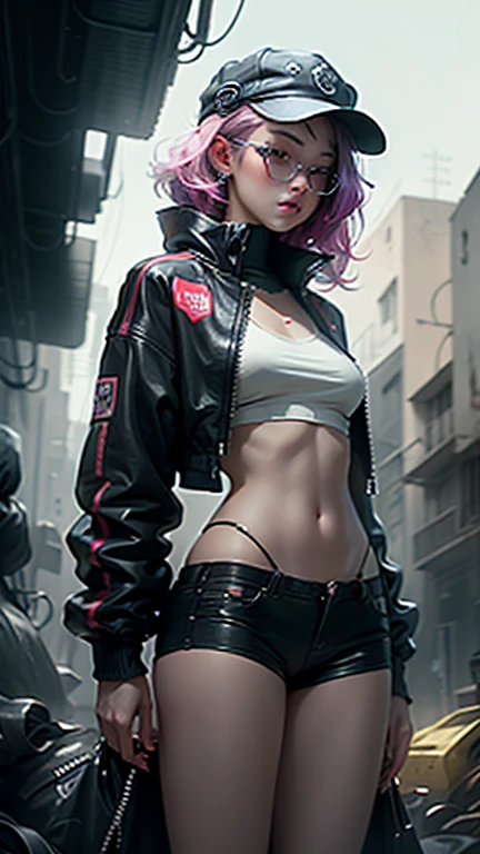 Beautiful woman medium hair, wearing cap, cyberpunk style short clothes