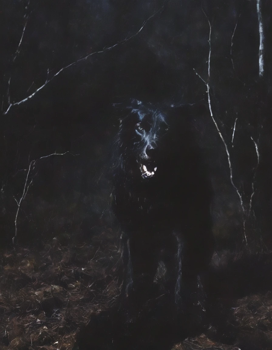 dark fashion photography of giant dog near forest in night