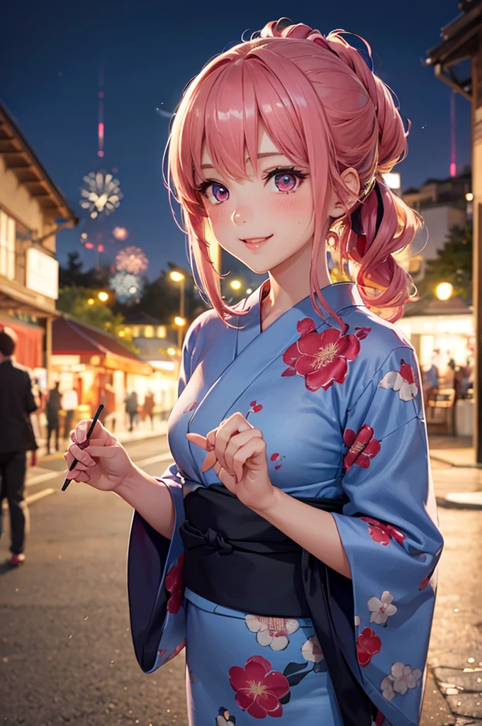 (Best Quality,High resolution,8K,finelity detailed background,Masterpiece:1.2),beautiful girl,Shiny pink hair,pony tail,Beautiful pink eyes,Gentle look,A refreshing look,Best quality,Best Quality,Aesthetic and aesthetic:1.2,Best details((Super detailed))(High-definition CG illustrations),yukata(Floral),Slender body,night,Fireworks display,Fireworks in the background,Fireworks,smile,blush,cute,Scrounge,Looking up,Being spoiled,super model