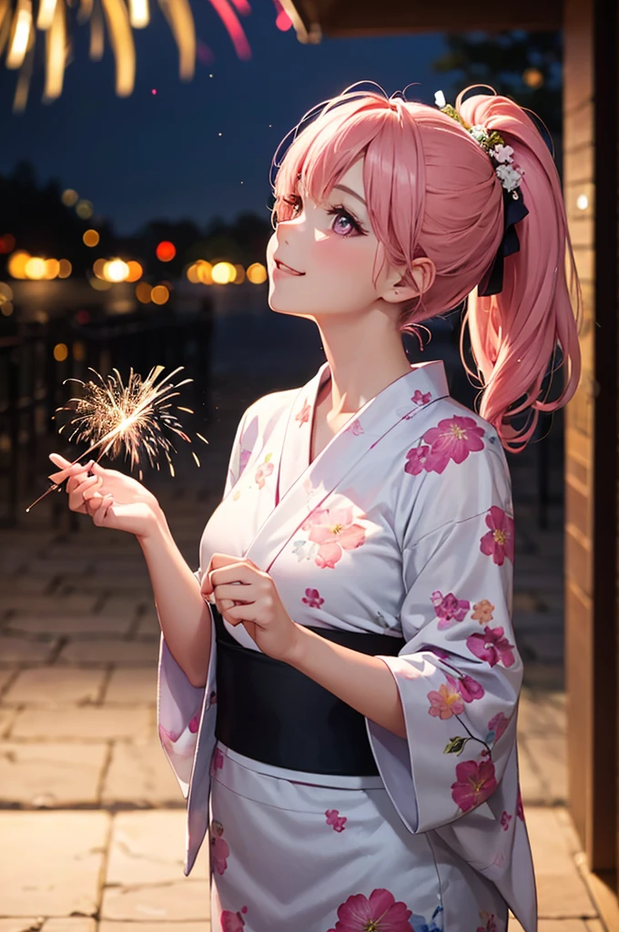 (Best Quality,High resolution,8K,finelity detailed background,Masterpiece:1.2),beautiful girl,Shiny pink hair,pony tail,Beautiful pink eyes,Gentle look,A refreshing look,Best quality,Best Quality,Aesthetic and aesthetic:1.2,Best details((Super detailed))(High-definition CG illustrations),yukata(Floral),Slender body,night,Fireworks display,Fireworks in the background,Fireworks,smile,blush,cute,Scrounge,Looking up,Being spoiled,super model