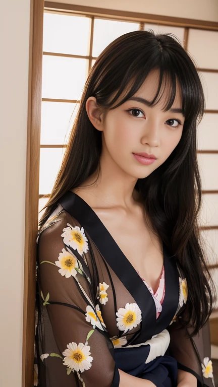 最high quality、high quality、best image quality、8K、最High resolution、High resolution、最high quality、masterpiece、realistic pictures、RAW photo、realistic atmosphere、(detailed face)、(fine hands、thumb１reference４)、(beauty of japan )、very nice face、cute face、((beautiful japanese girl))、(woman), ((18 year old beautiful girl))、(glossy black hair)、(straight long hair)、(ponytail)、whole body、slim style、(shiny skin)、(Fair skin, Glossy skin)、real human skin、realistic human body structure、perfect body， perfect face， perfect hands， perfect fingers， perfect lips， perfect eyes，perfect teeth、perfect background， perfect atmosphere， soft natural light、samurai kimono、maiko kimono、servant、geisha kimono、japanese kimono、Furisode、kimono、Yukata、japanese traditional、((There is a very large mirror in the room.))、((The girl in front of the mirror and the girl behind the mirror are identical twins..))、((The twin girls are facing each other with a mirror between them.))、((twin girls have the same appearance(The same face、same hairstyle、Same body type、Dress the same、Same pose))、((Twin girls are playing and imitating each other(pantomime))、((colorful transparent see-through(flowery kimono、Hakama with side slits))、Angle from a diagonal