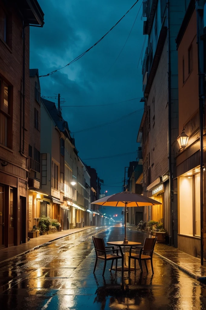 A tranquil midnight scene featuring gentle rain falling on a quiet street. The scene includes dim streetlights casting a soft glow, reflections of the lights on wet pavement, and the silhouette of buildings in the background. Inside, a cozy room with dim lighting, a comfortable chair by the window, a cup of hot cocoa on a small table, and a soft blanket draped over the chair. The atmosphere should be serene and perfect for relaxation.