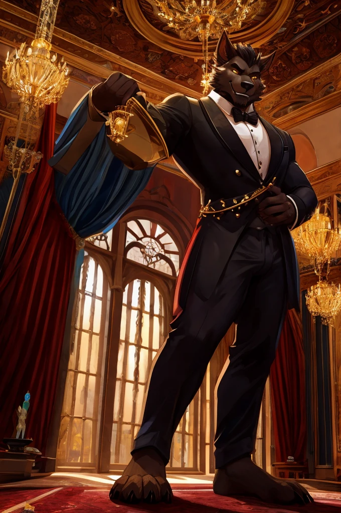 Giant Buff Werewolf Butler, Confident, Golden Eyes, Muscular, Handsome, Charming, View from Below, High Contrast, Standing over the Viewer, Macro, Inside Mansion, Gold Collar, Barefoot, Flirty