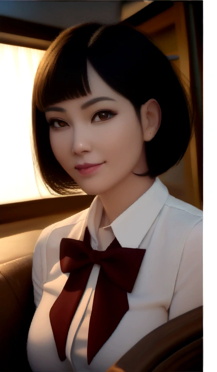 (8K, RAW Photos, Highest quality, masterpiece:1.2), (Realistic, photo-Realistic:1.37), Super detailed,
1 Girl,cute, alone,Beautifully detailed skies,Detailed Cafe,night,Sitting,Date,(Red nose),(smile:1.1),(Mouth closed),Large Breasts, seductive smile, Large opening, Professional Lighting, Sony A7R4, Zesse 50mm F1.8,
Medium chest,Beautiful attention to detail,(Collared shirt:1.1), bow tie,Pleated skirt,(short hair:1.2),Floating Hair