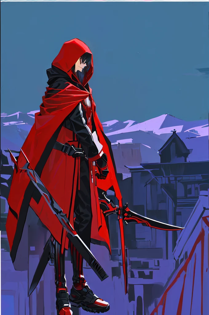 cartoon of a Man in a red and black outfit with a blade, red demon cloak, villain wearing a assassin suit, red hooded assassin, crimson attire, face hidden by hoodie cloak, assassin