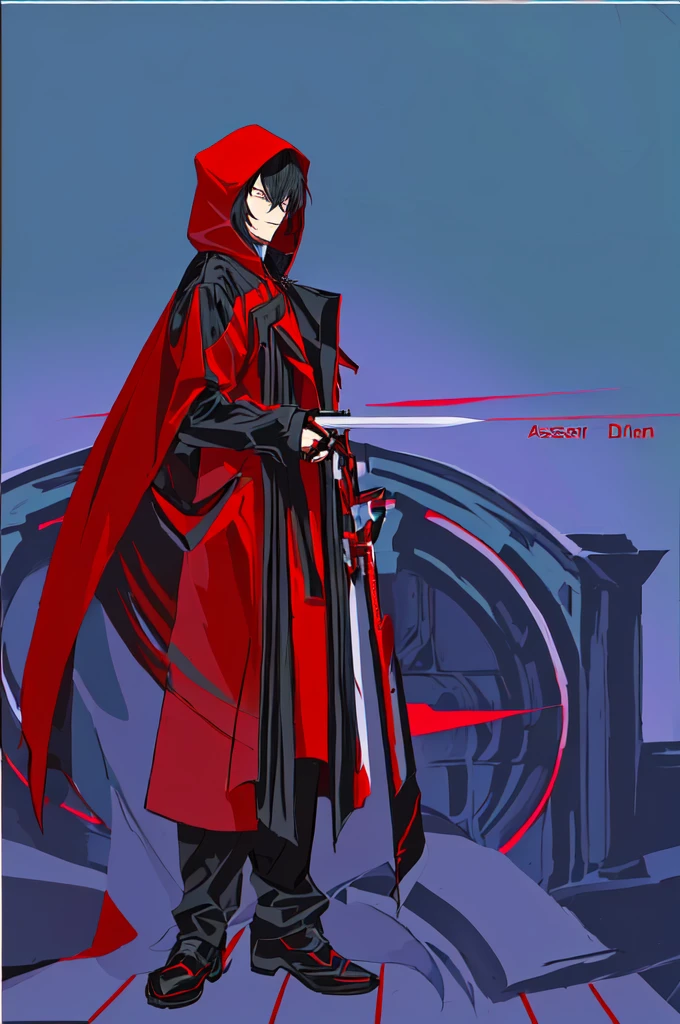 cartoon of a Man in a red and black outfit with a blade, red demon cloak, villain wearing a assassin suit, red hooded assassin, crimson attire, face hidden by hoodie cloak, assassin
