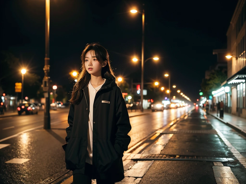 A girl,night,Put on your headphones,Walk down the street alone,Street Lights,light rain