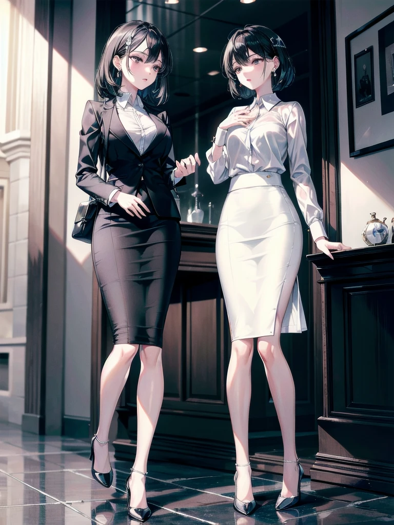absurdres, RAW photo, extremely delicate and beautiful, masterpiece, Best Quality, ultra high resolution, 32k, hyperrealistic, ultra-detailed, delicate facial features, beautiful detailed woman, tearful mole, earring, medium breasts, full body shot, medium hair, black hair, white collared shirt, pencil skirt, business suit,