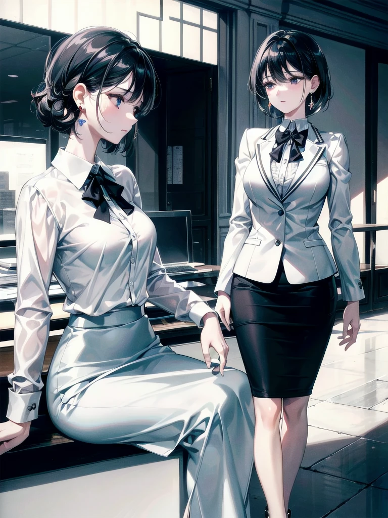 absurdres, RAW photo, extremely delicate and beautiful, masterpiece, Best Quality, ultra high resolution, 32k, hyperrealistic, ultra-detailed, delicate facial features, beautiful detailed woman, tearful mole, earring, medium breasts, full body shot, medium hair, black hair, white collared shirt, pencil skirt, business suit,