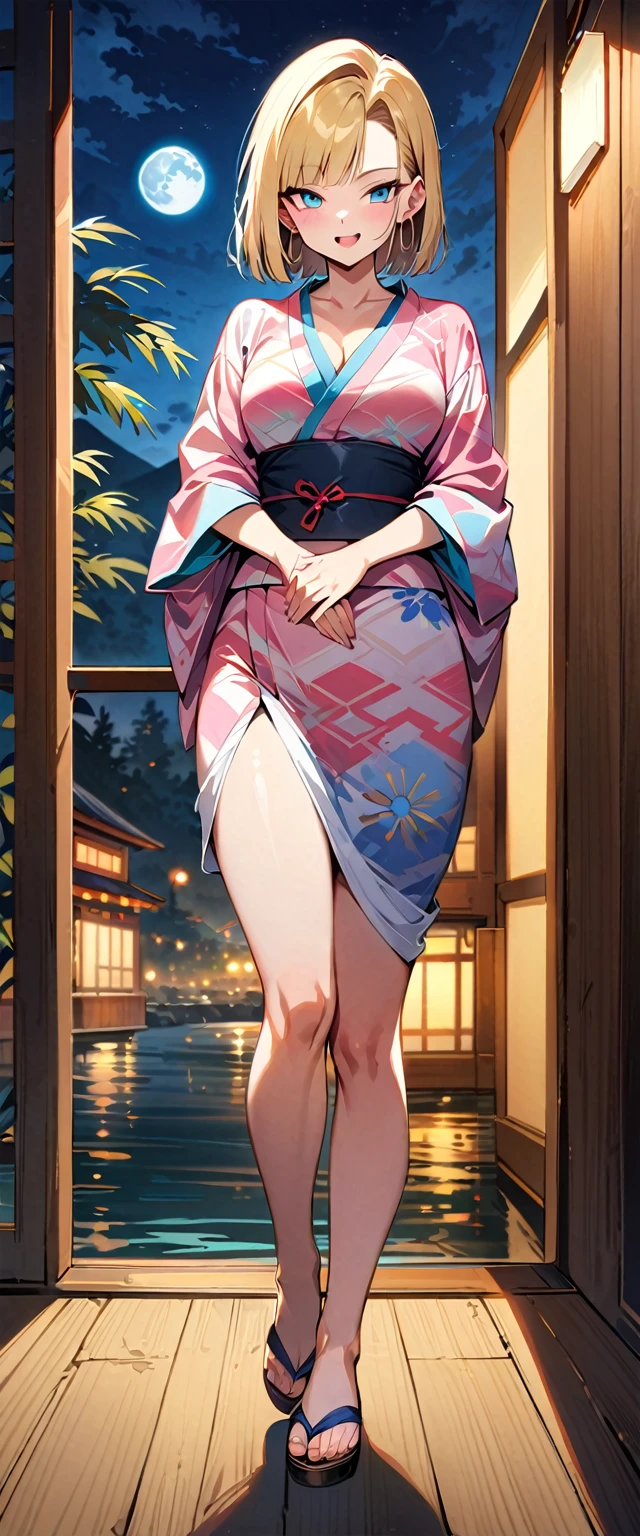 (masterpiece, best quality:1.2), full body, 1girl, (solo), Android 18 from Dragon Ball, ((pastel kimono)), (standing), medium breasts, blunt bangs, short blonde hair, (blue eyes), earrings on earlobes, slim, slender feminine figure, skinny body, blush, sky, magnificent view, blur background, 4K, open mouth, river, hotel, smile, (own hands together), Tanabata, night, moon, collarbone, cleavage, Japanese sandals,