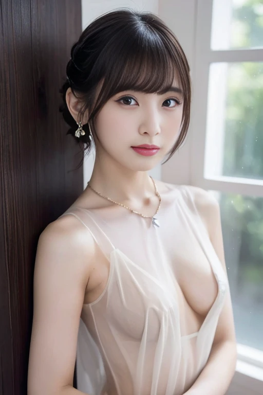 NSFW:1.4, (nude), (Nipples), (See-through:1.5), (白と赤のSee-throughランジェリー:1.5) , Silver lace thong bra,  (((Very elegant and beautiful, Perfect detail, Very detailed))), cowboy shot:1.3, The most detailed girl, Written boundary depth, Beautiful and firm big breasts, Beautiful and detailed whole body, Thin legs, One girl, Age 25, Very short hair, Spiked Hair,  Beautiful detailed black hair, Perfect Face, Expressionless, Beautiful, detailed, deep eyes, Please open your mouth a little, Delicate arms and hands, Pale skin, Earrings, Beautiful and gorgeous necklace, Colorful background, HD background, Blurred Background, Very delicate and beautiful, masterpiece, (((Highest quality, Very beautiful 8K CG wallpaper))), (((Trendy hairstyles))), (Inside the room,Stylish interior,window),