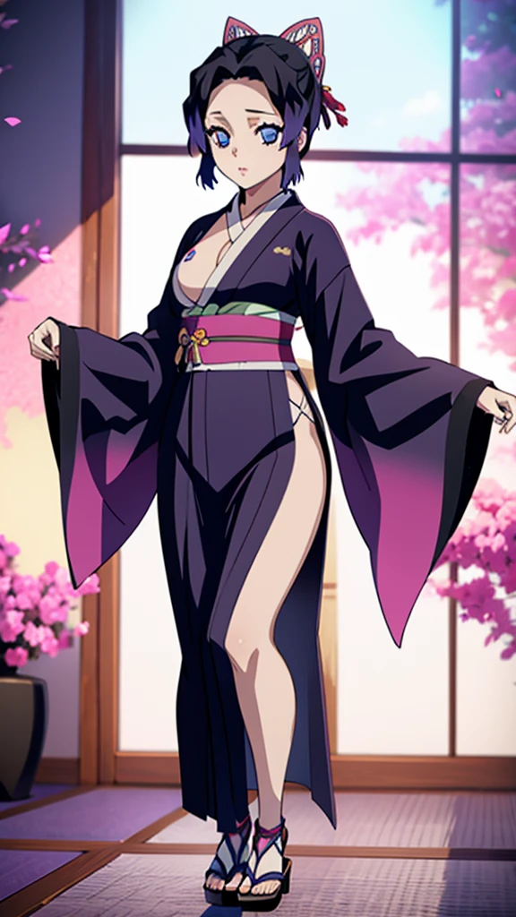 female, pink short hair, red eyes, black cat ears, pink cat tail, (((1girl))), (((pink and black kimono))), (black Japanese sandals), (pink tinted glasses), cute and sexy, full body, modest breasts, long legs, smiling