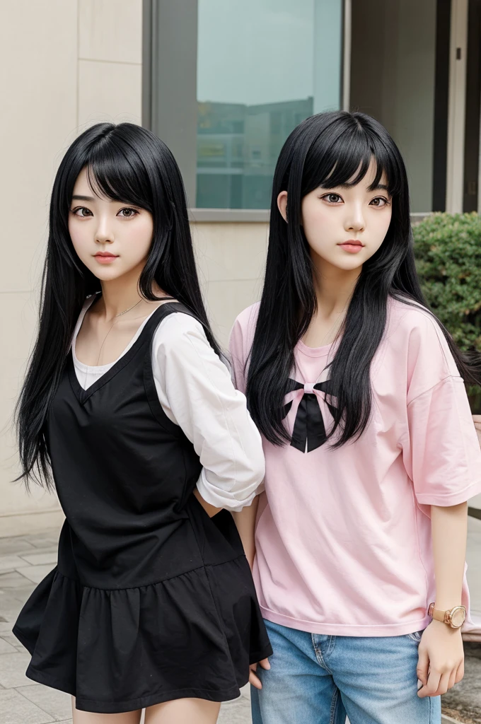 Anime boy and girl, who are best friends, have black hair, look very cute, age of 26 years, korean style