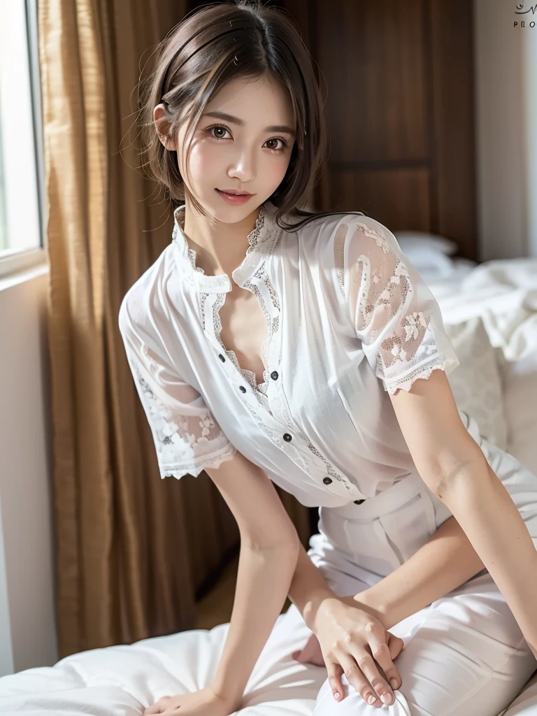 ulzzang -6500-v1.1, (Raw photo:1.2), (Photorealsitic), (See-through:1.3), (Real: 1.4), (Ultra-realistic pantyhose:1.2)、Full body, neat and long legs、 Focal length: 1.2, Real Popular Female College Student、 college girls、Perfect Body Beauty: 1.4,  (White open shirt、, Standing: 1.2), (Home bed: 1.3)), Highly detailed face and skin texture, Detailed eyes, No Underwear、A smile、turned around、Exposed thighs!!!