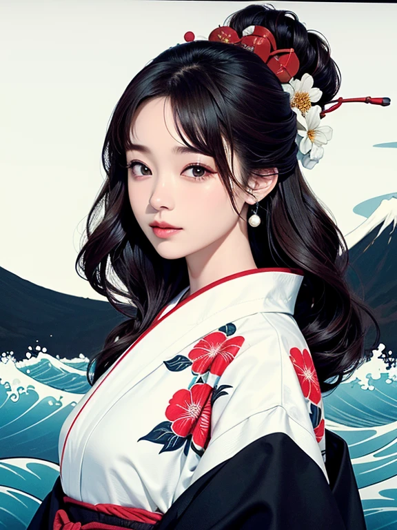 (Highest quality、masterpiece、High resolution、8K)、Ukiyo-e、Vibrant colors、Katsushika Hokusai、1 female、Long Black Hair、The kimono has a vivid floral pattern on a white background.、White waves and Mt. Fuji、White waves, the moon and a woman、White waves, a boat and a woman、White waves and a woman、White waves and a womanとカモメ、Official Art、背景はUkiyo-e風