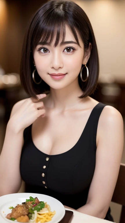 （masterpiece）、(Highest quality:1.5)、(Photorealistic:1.2)、(Surreal), (High resolution), (Realistic), (Post-processing),(Sharp focus), Sharp focus:1.2,Backlight, (Improvement of quality:1.4), (Narrow waist)、Big Ass、((Perfectly detailed five-fingered hands)),（Anatomically correct body）、((1 female:1.4))、Japanese、Realistic Skin、（Small chest：1.4）、Bust size is A cup、Pretty woman with perfect figure:1.4,(from the front:1.5), (Enhances the beauty of skin texture:1.1),No makeup、美しいBlack Hair、The best smile、Natural color lip、(Small Mouth:1.4)、The mouth is not open、Thick lips、(Oval Face)、Even bangs、Hide eyebrows with bangs、((33-year-old woman))、Bob Hair、Hair blowing in the wind, (Black Hair, Iris, Watery eyes, Shining Eyes, Bob Cut Hair, Small earrings,), Hair behind the ear、No makeup、(Drooping eyes)、(((One lovely woman)),((A big friendly smile)),(( Small breasts,Small breastsの谷間)),((((Plump Cheeks)))),((whole body：1.５)),very cute,(Baby Face),高級restaurantで、full-course dinner、Wine Party、Bright image、The beauty of wine, Beautiful Face, red wine 、Appetizers、Italian food、Wine bottle、Champagne、sparkling wine、(slimな顔), (The body is slim),restaurant, White wine, slim, wine glass, 中央に置かれたwine glass, Beautiful fine grain, Depth f/2,saturation, High Contrast, Strong light and shadow,Moist Body:1.5、3D texture、Delicate eyes、((In front of the food on the table：1.5)）、White collar shirt and tie、erious expression