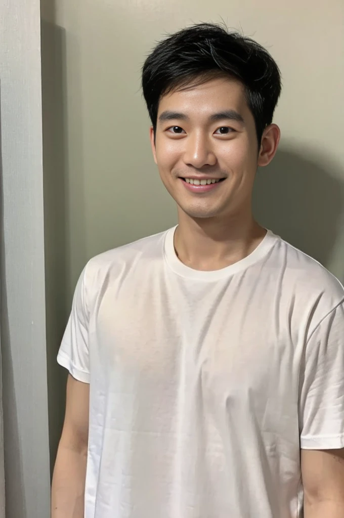 Korean man, Inspiration from Peng Yuyan, 23 years old, Korean muscular man ，The computer room is in the back, tight sports t-shirts, navy blue., open mouth smile