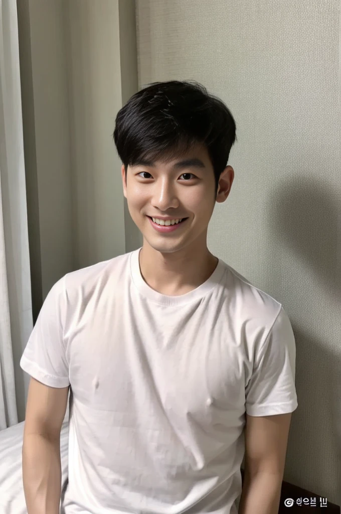 Korean man, Inspiration from Peng Yuyan, 30 years old, 236 years old, Cute Korean Face, 35 yo, 33 year old Korean muscular man，The bedroom is at the back. white t-shirt, open mouth smile