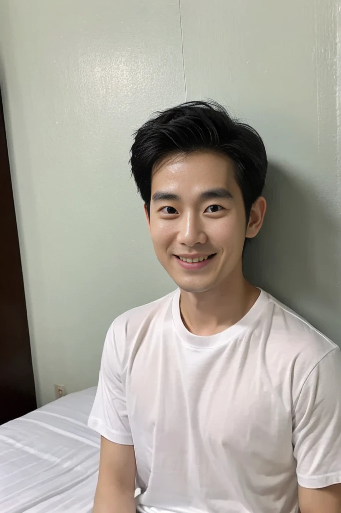 Korean man, Inspiration from Peng Yuyan, 30 years old, 236 years old, Cute Korean Face, 35 yo, 33 year old Korean muscular man,The bedroom is at the back. white t-shirt, open mouth smile