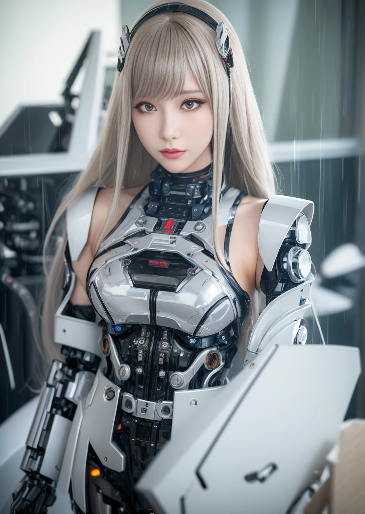 Super Detail, High Detail, high quality, best quality, High resolution，1 female robot，Beautiful female robot,beautiful clear face(Rain waves_haneame：1.5)， Realistic, High resolution, Soft Light,(Detailed face),Mecha Maiden, Mechanical Parts, mechanical joint, Thick mechanical armor,Weaponry, All metal body, Technology Antenna Hair Accessories