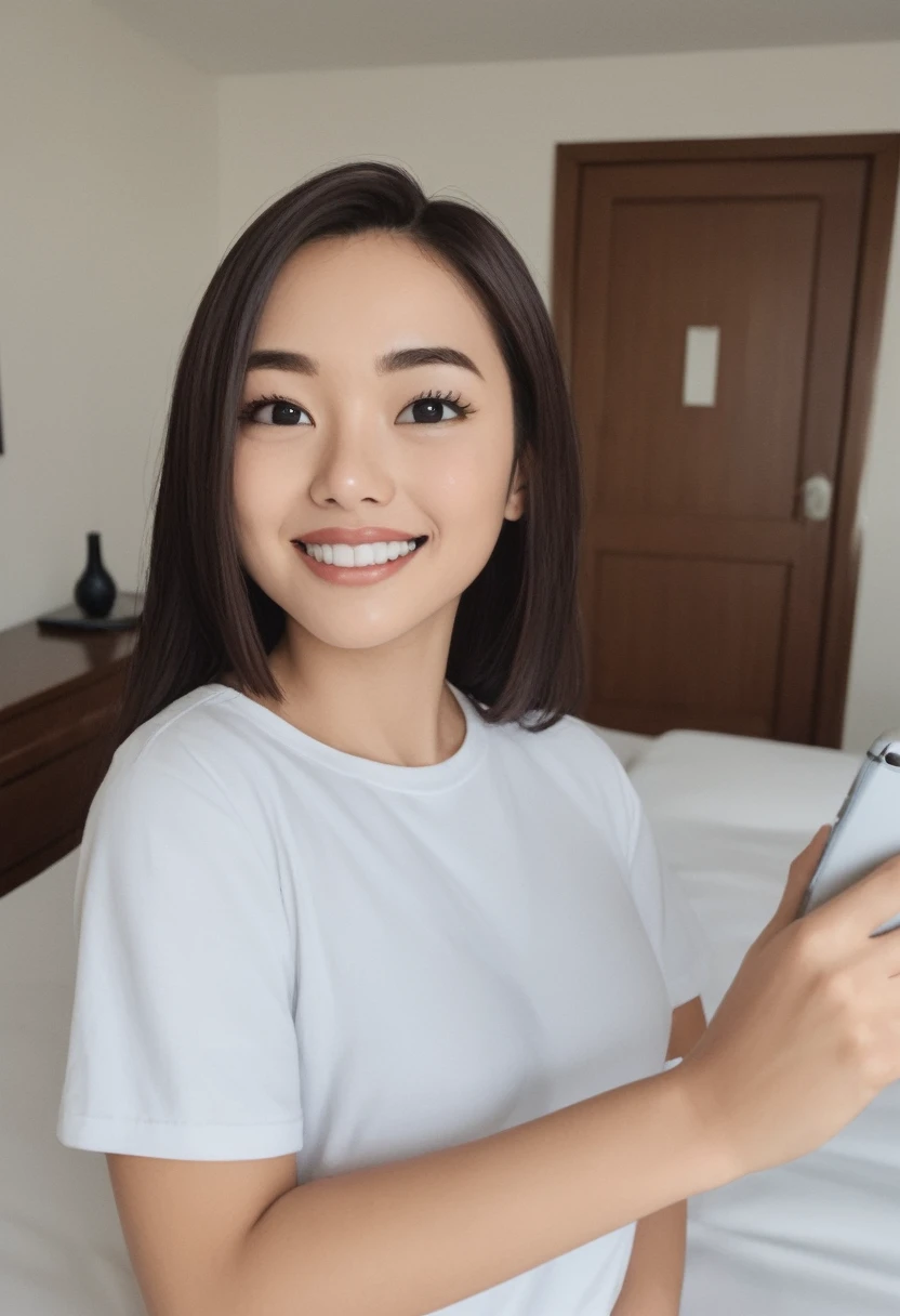 Thai woman, 20-25 years old, dark brown hair, taking a selfie smiling with white teeth in the room. Her bed is full There were twinkling starlight outside the window, reflecting beautifully.