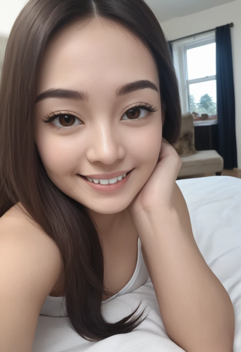 Thai woman, 20-25 years old, dark brown hair, taking a selfie smiling with white teeth in the room. Her bed is full There were twinkling starlight outside the window, reflecting beautifully.